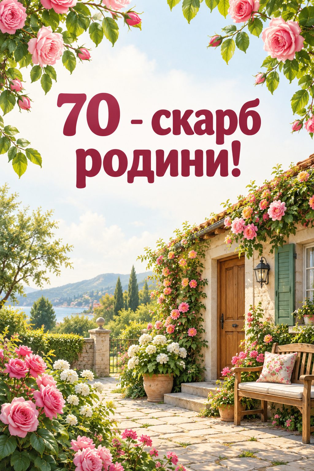 Листівка з ювілеєм: затишний будинок із квітучим садом і лавою, напис «70 - скарб родини!»