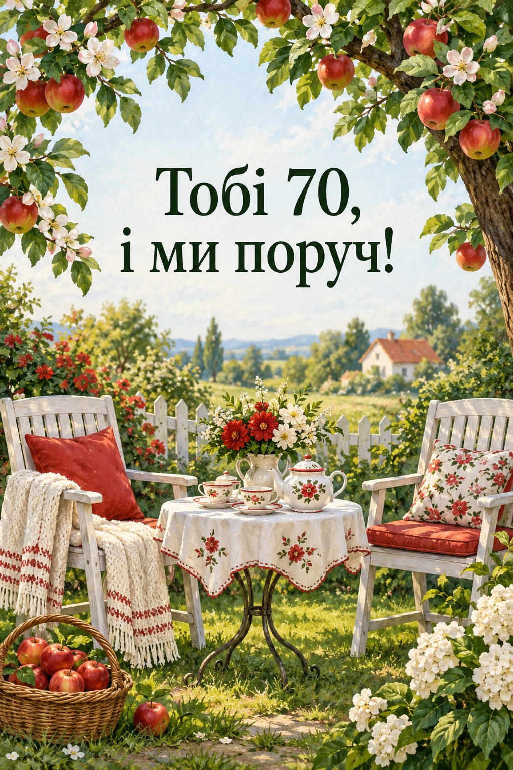 Листівка з ювілеєм: два садові крісла під яблунею й чайний сервіз, напис «Тобі 70, і ми поруч!»