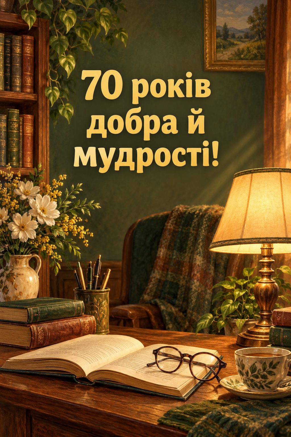 Листівка з ювілеєм: книжки, окуляри й настільна лампа на столі, напис «70 років добра й мудрості!»