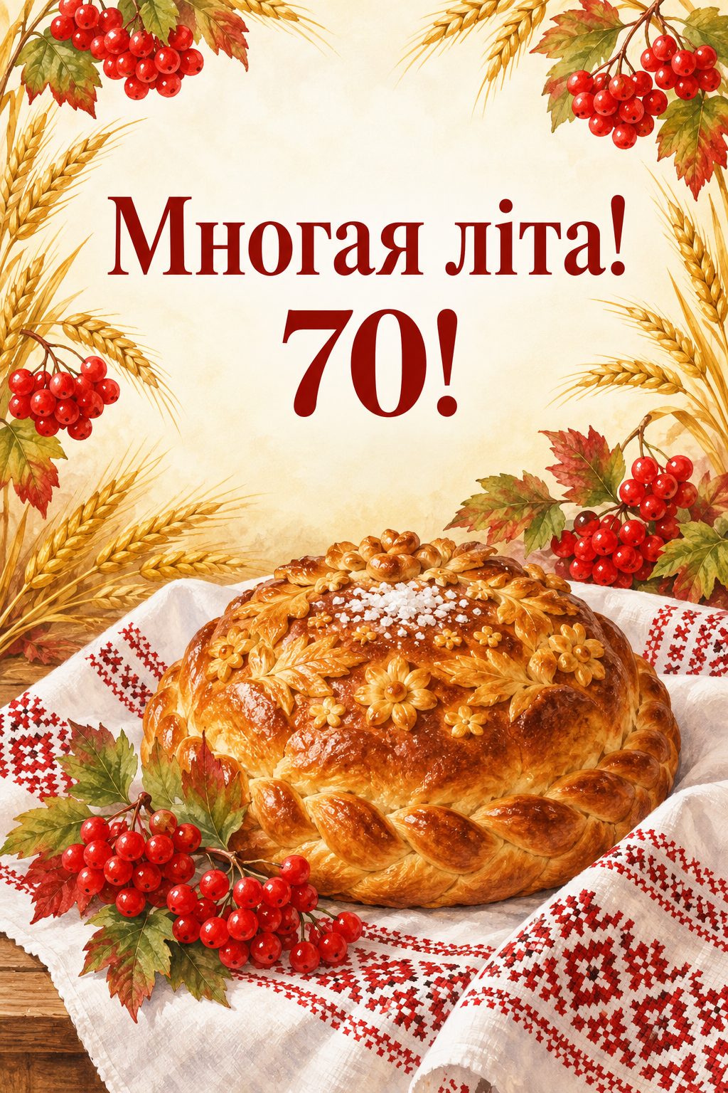 Листівка з ювілеєм: коровай із сіллю на вишитому рушнику й калина, напис «Многая літа! 70!»