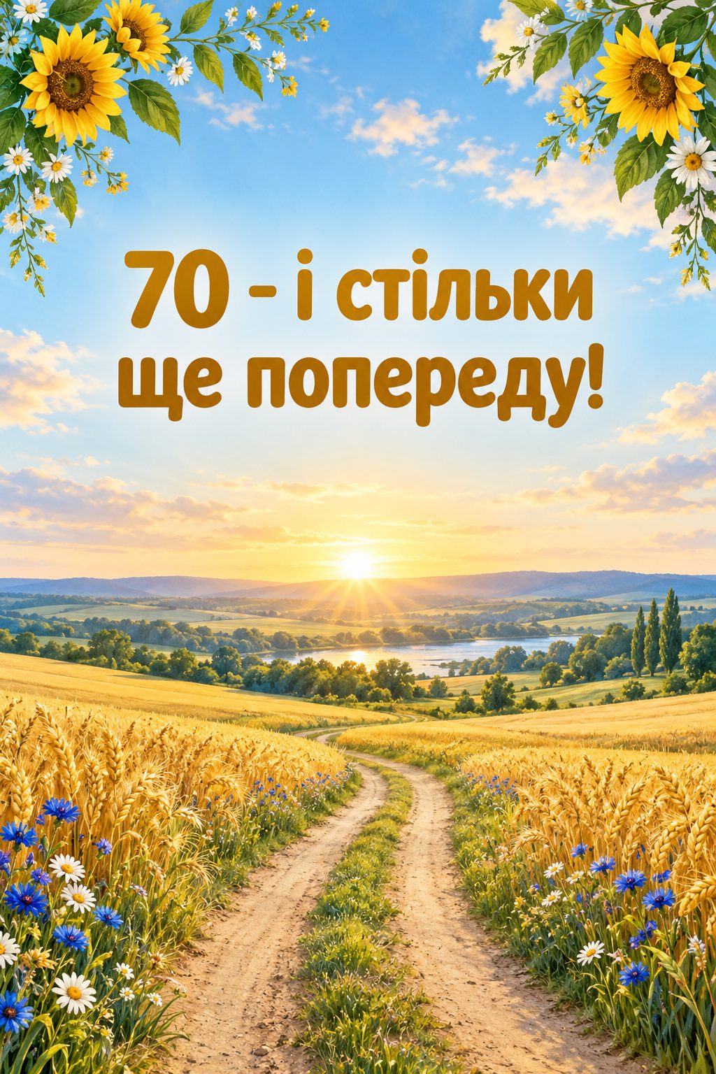 Листівка з ювілеєм: дорога через пшеничні поля назустріч сонцю, напис «70 - і стільки ще попереду!»
