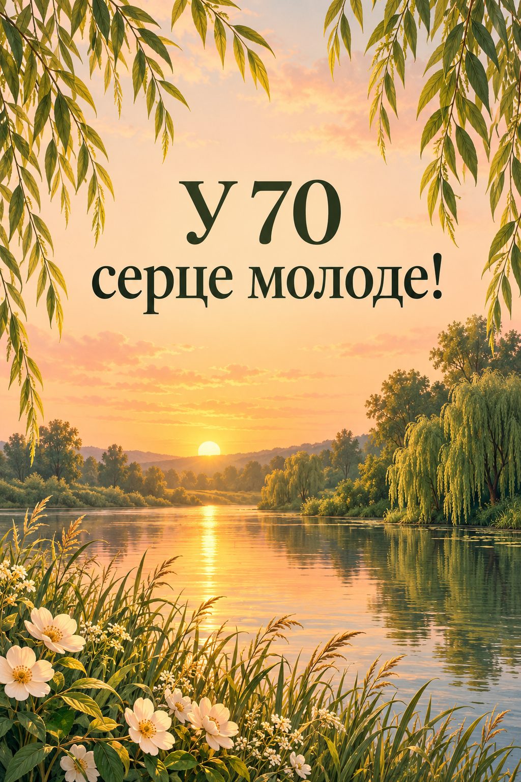 Листівка з ювілеєм: світанок над тихою річкою з вербами, напис «У 70 серце молоде!»