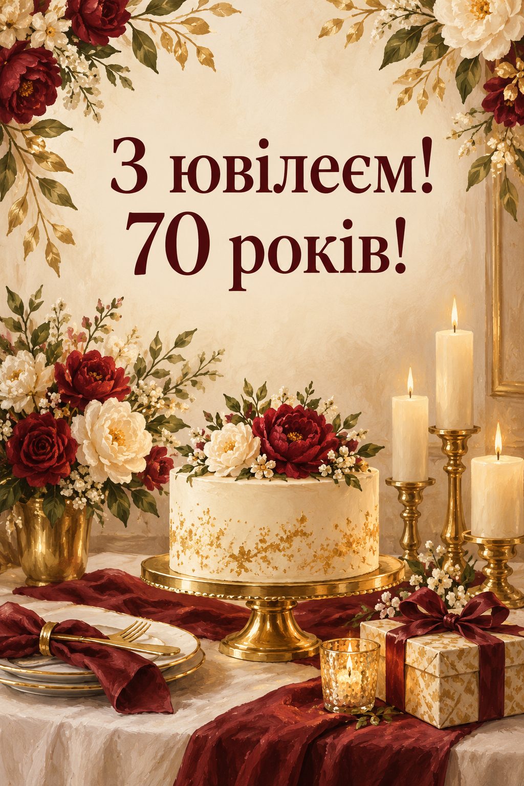 Листівка з ювілеєм: святковий стіл із тортом, квітами й свічками, напис «З ювілеєм! 70 років!»