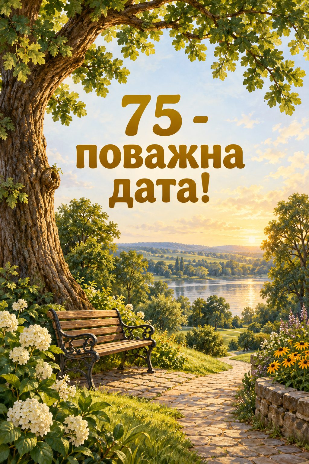 Листівка з ювілеєм: старий дуб із лавою й стежкою в парку, напис «75 - поважна дата!»