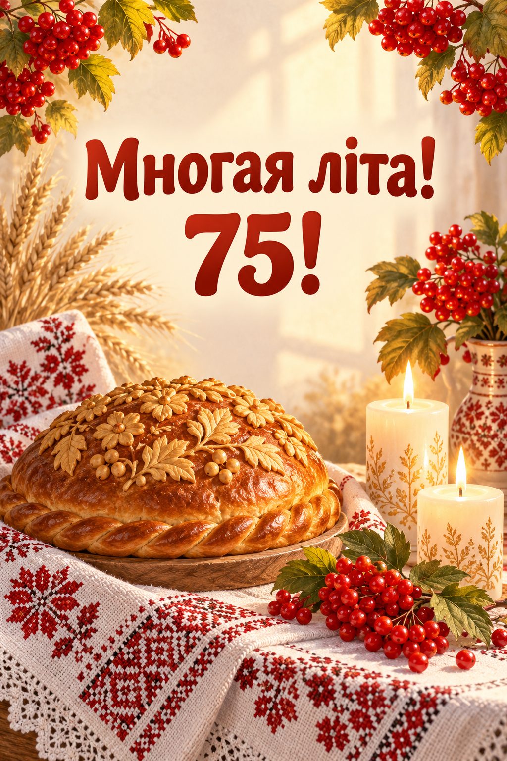 Листівка з ювілеєм: хліб, калина й свічки на вишитій скатертині, напис «Многая літа! 75!»