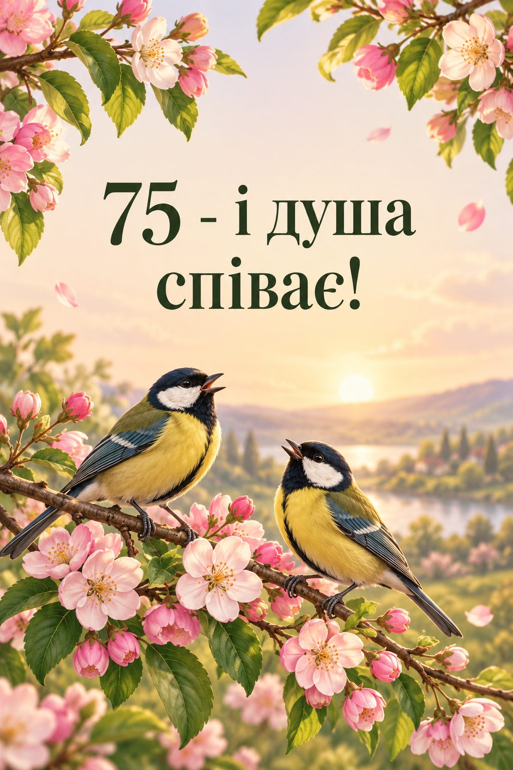 Листівка з ювілеєм: співочі пташки на квітучій гілці, напис «75 - і душа співає!»