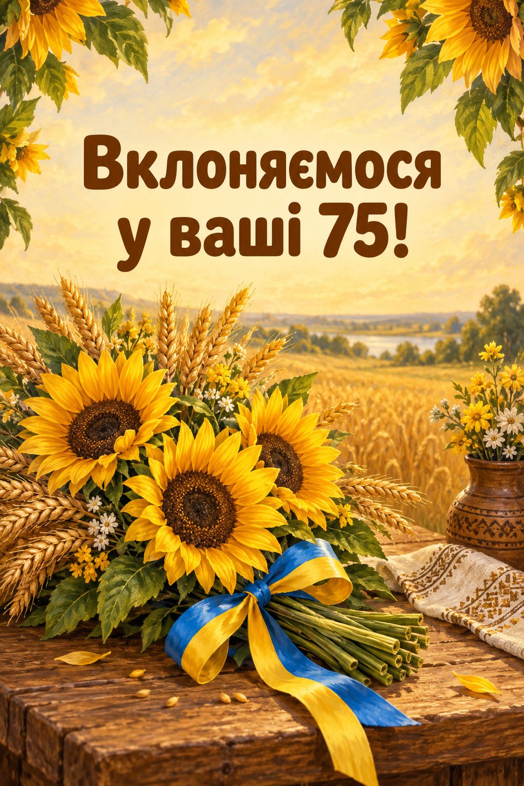 Листівка з ювілеєм: соняшники й колоски, перев'язані стрічкою, напис «Вклоняємося у ваші 75!»