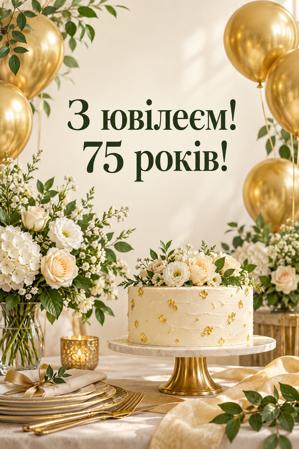Листівка з ювілеєм: святковий стіл із тортом, золотими кульками й садовими квітами, напис «З ювілеєм! 75 років!»