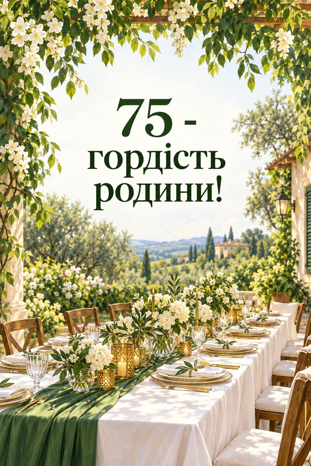 Листівка з ювілеєм: великий родинний стіл у літньому саду, напис «75 - гордість родини!»
