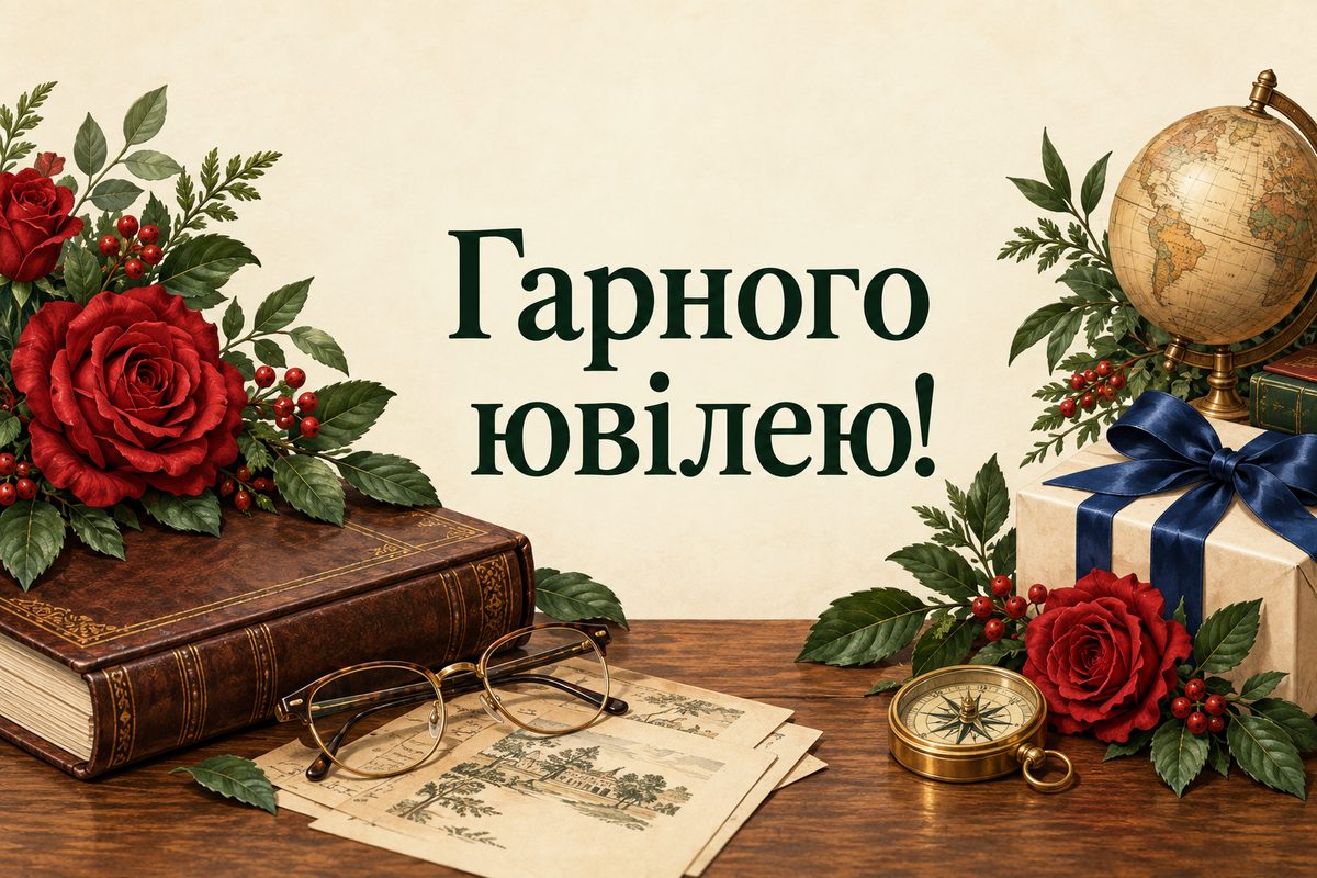 Листівка з ювілеєм чоловіку: шкіряний альбом, окуляри й подарунок, напис «Гарного ювілею!»
