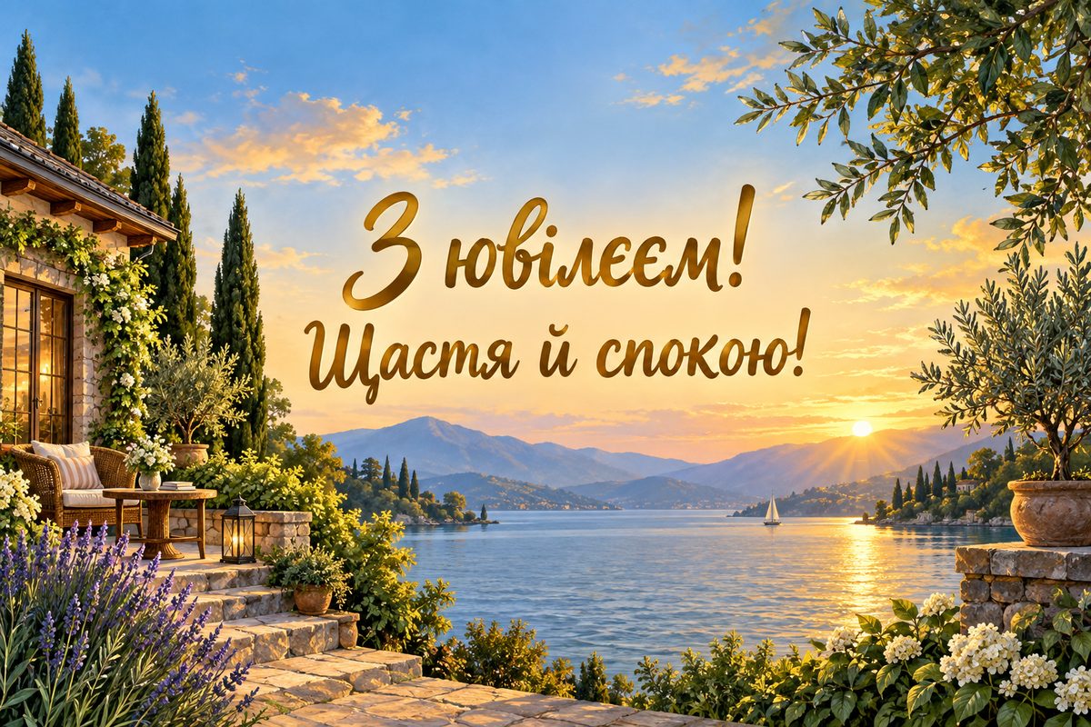 Листівка з ювілеєм чоловіку: заміський будинок біля озера на заході сонця, напис «З ювілеєм! Щастя й спокою!»