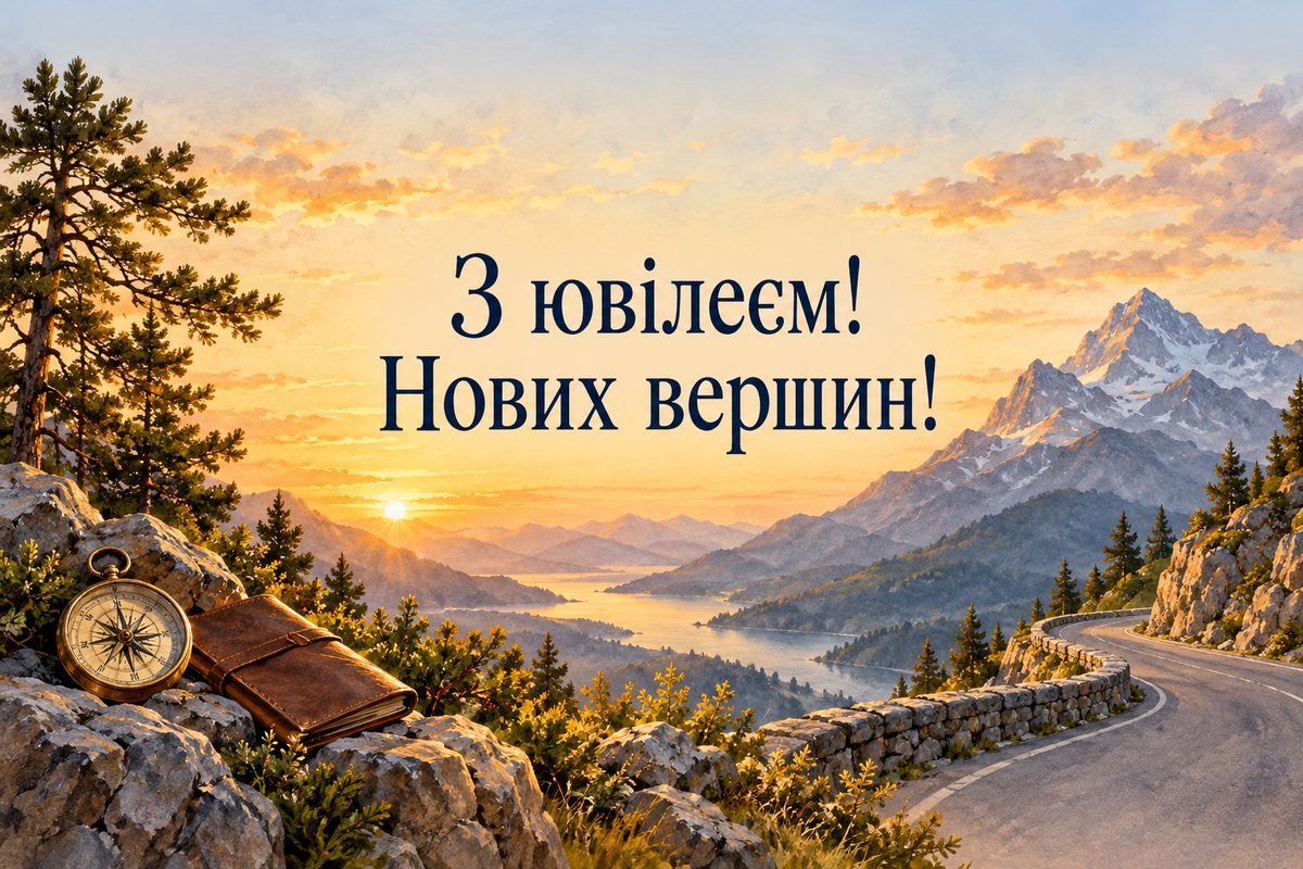 Листівка з ювілеєм чоловіку: дорога в гори на заході сонця, напис «З ювілеєм! Нових вершин!»