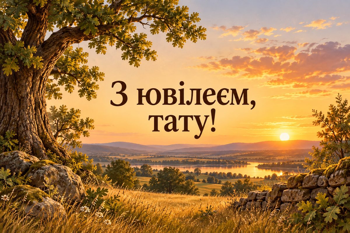 Листівка з ювілеєм чоловіку: старий дуб у золотому полі на заході сонця, напис «З ювілеєм, тату!»