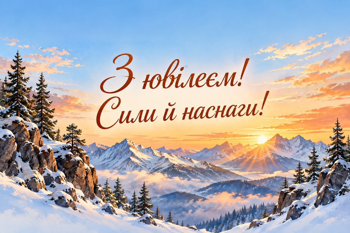 Листівка з ювілеєм чоловіку: засніжені вершини гір на світанку, напис «З ювілеєм! Сили й наснаги!»