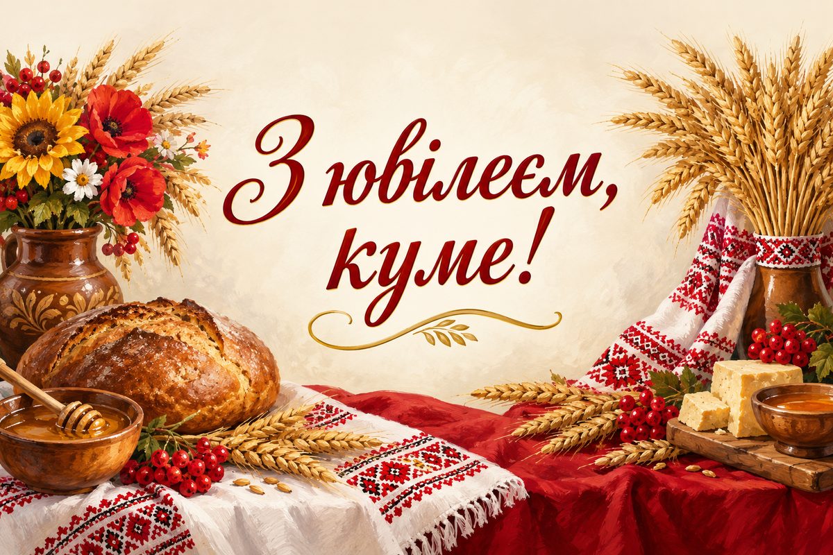 Листівка з ювілеєм чоловіку: святковий стіл із хлібом, медом і пшеницею на рушнику, напис «З ювілеєм, куме!»