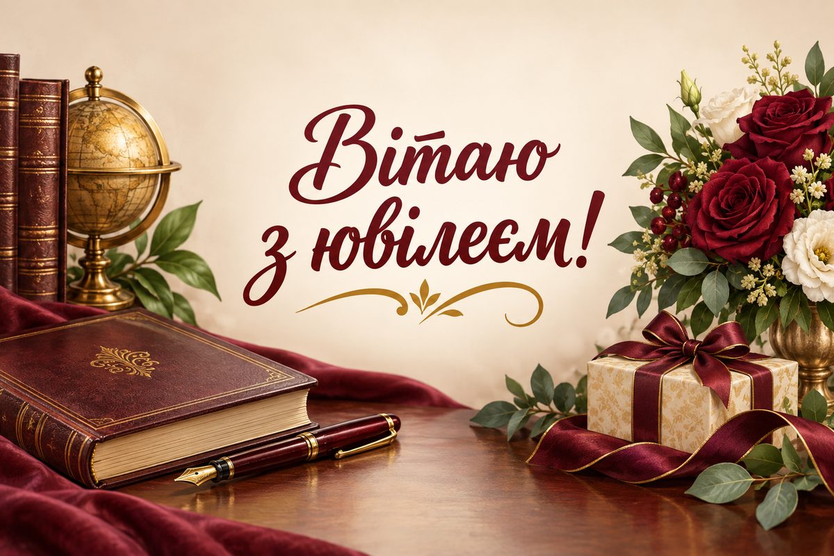 Листівка з ювілеєм чоловіку: книга в шкіряній палітурці, перо й букет, напис «Вітаю з ювілеєм!»