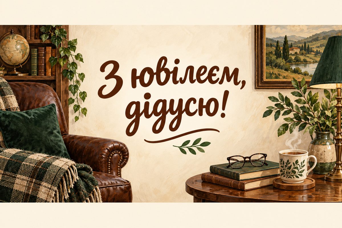 Листівка з ювілеєм чоловіку: крісло, окуляри на книзі й чашка чаю, напис «З ювілеєм, дідусю!»