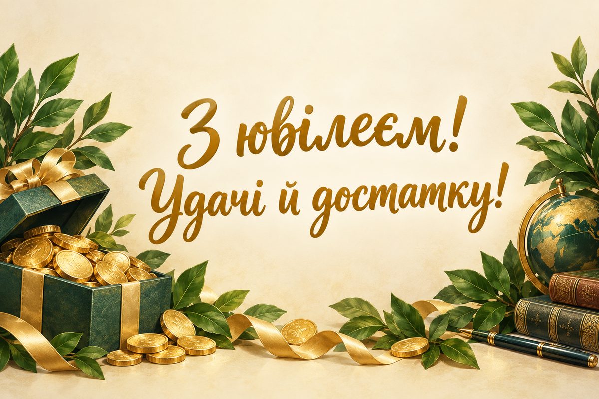 Листівка з ювілеєм чоловіку: золоті монети в подарунковій коробці, напис «З ювілеєм! Удачі й достатку!»