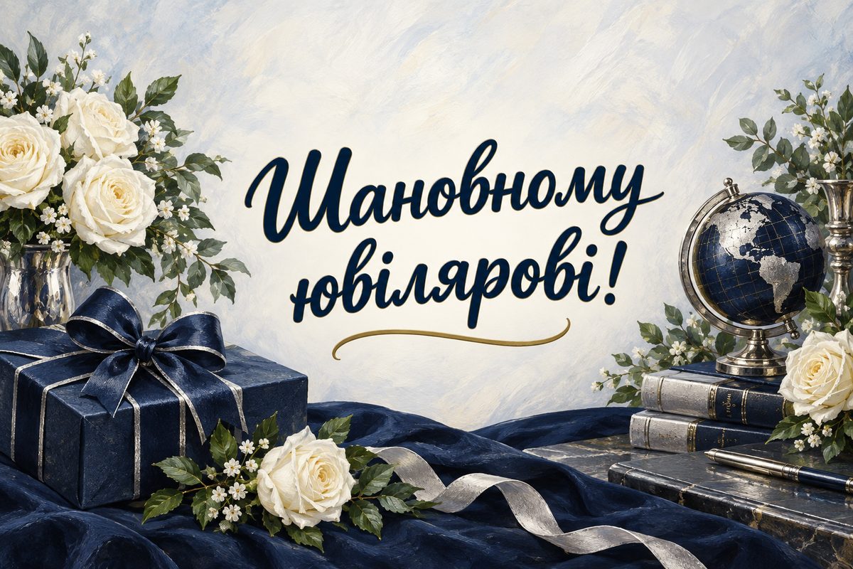 Листівка з ювілеєм чоловіку: подарунок із синім бантом і білі троянди, напис «Шановному ювілярові!»