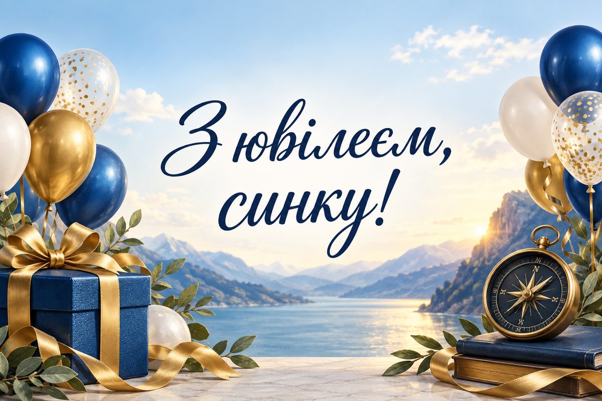 Листівка з ювілеєм чоловіку: подарунок, кульки й компас, напис «З ювілеєм, синку!»