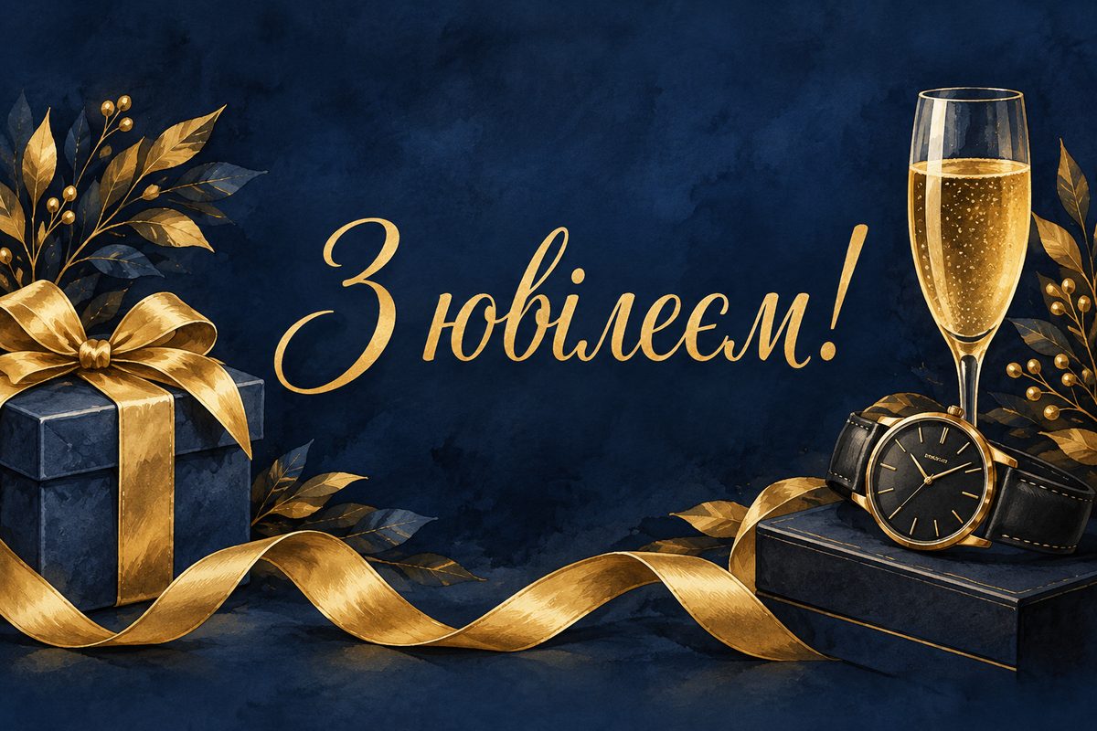 Листівка з ювілеєм чоловіку: подарунок із золотою стрічкою, годинник і келих шампанського, напис «З ювілеєм!»