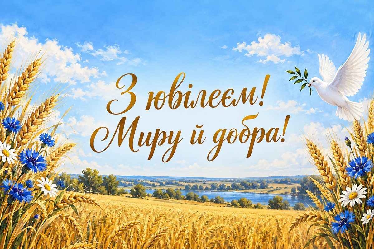 Листівка з ювілеєм чоловіку: пшеничне поле й голуб під мирним небом, напис «З ювілеєм! Миру й добра!»