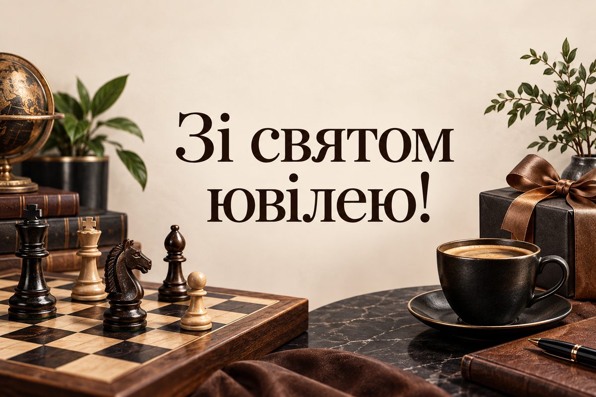 Листівка з ювілеєм чоловіку: шахівниця, кава й подарунок, напис «Зі святом ювілею!»