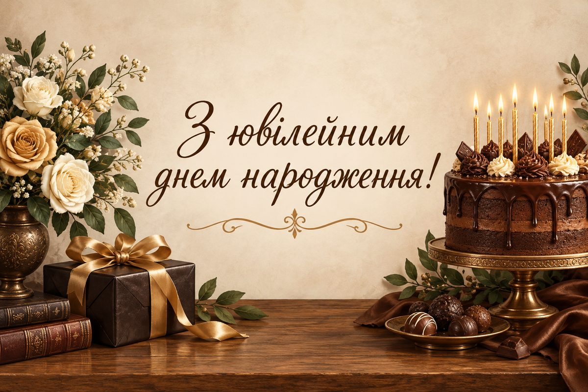 Листівка з ювілеєм чоловіку: класичний торт зі свічками на деревʼяному столі, напис «З ювілейним днем народження!»