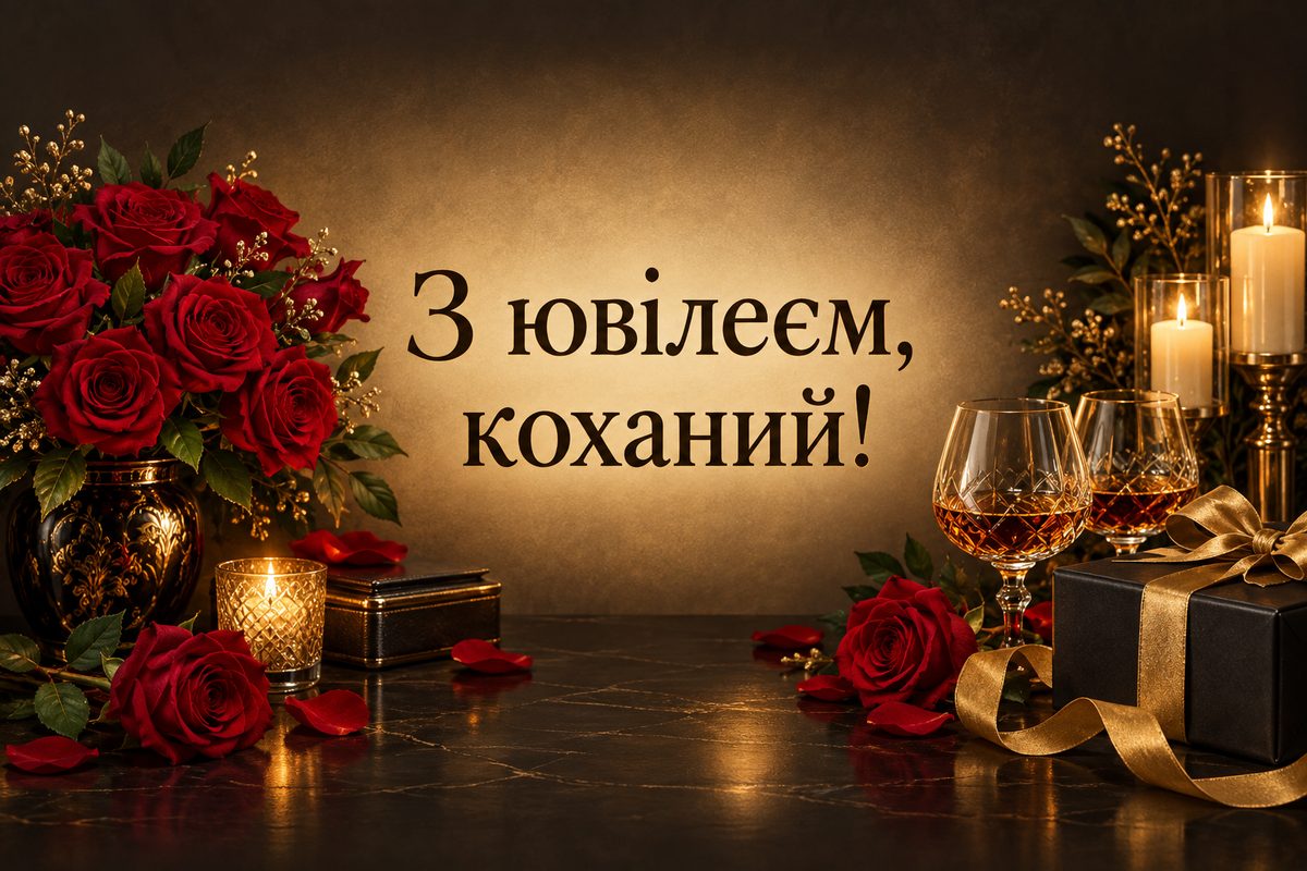Листівка з ювілеєм чоловіку: червоні троянди, свічки й два келихи, напис «З ювілеєм, коханий!»