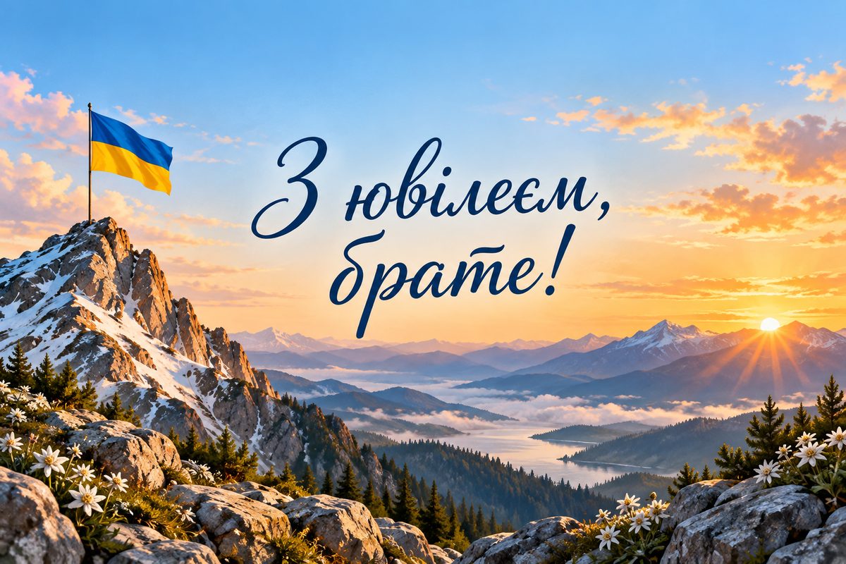 Листівка з ювілеєм чоловіку: гірська вершина з прапорцем на світанку, напис «З ювілеєм, брате!»