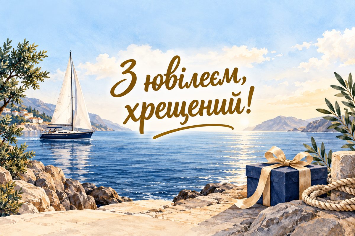 Листівка з ювілеєм чоловіку: вітрильник на спокійному морі й подарунок на березі, напис «З ювілеєм, хрещений!»