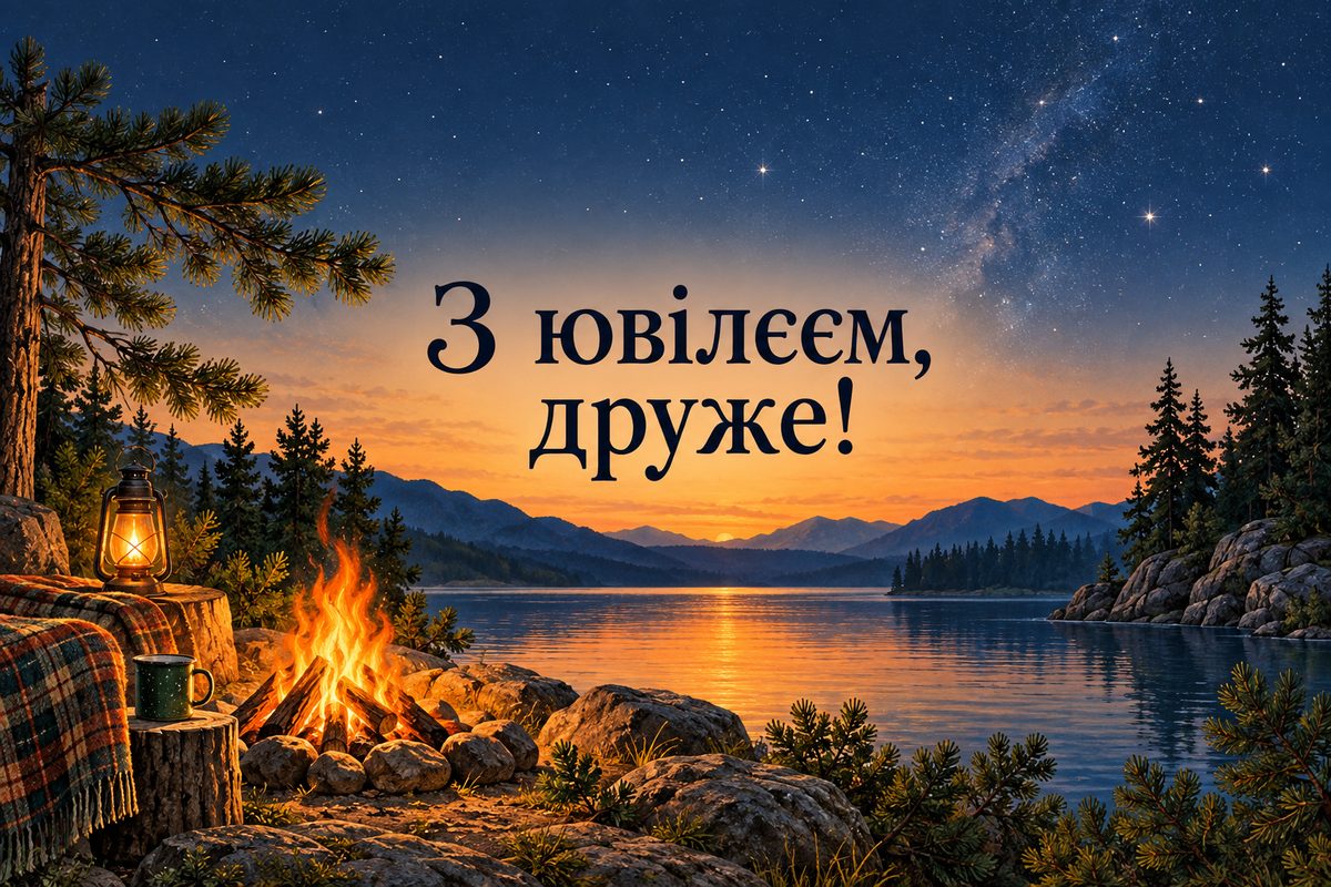 Листівка з ювілеєм чоловіку: вогнище біля озера під зорями, напис «З ювілеєм, друже!»