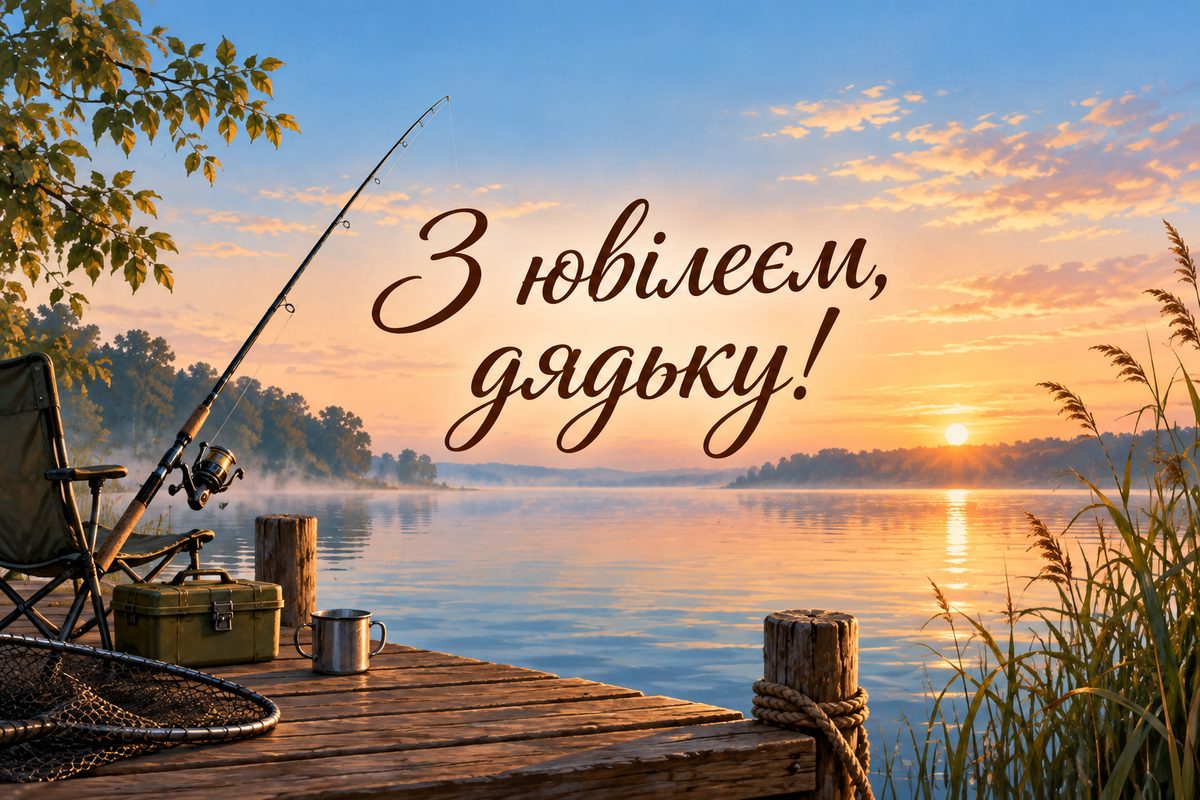 Листівка з ювілеєм чоловіку: вудка на деревʼяному причалі на світанку, напис «З ювілеєм, дядьку!»