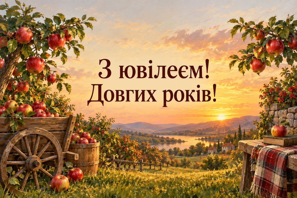 Листівка з ювілеєм чоловіку: яблуневий сад зі стиглими яблуками, напис «З ювілеєм! Довгих років!»
