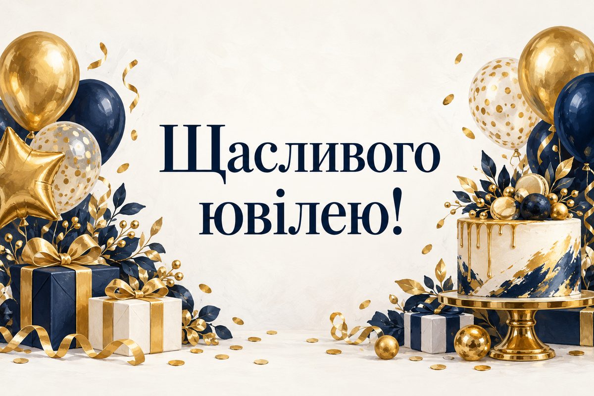 Листівка з ювілеєм чоловіку: золоті кульки, конфеті й торт, напис «Щасливого ювілею!»