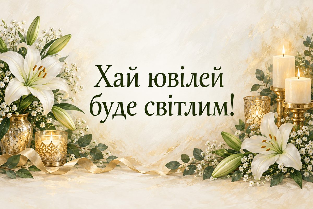 Листівка з ювілеєм жінці: білі лілії й свічки в золотому сяйві, напис «Хай ювілей буде світлим!»