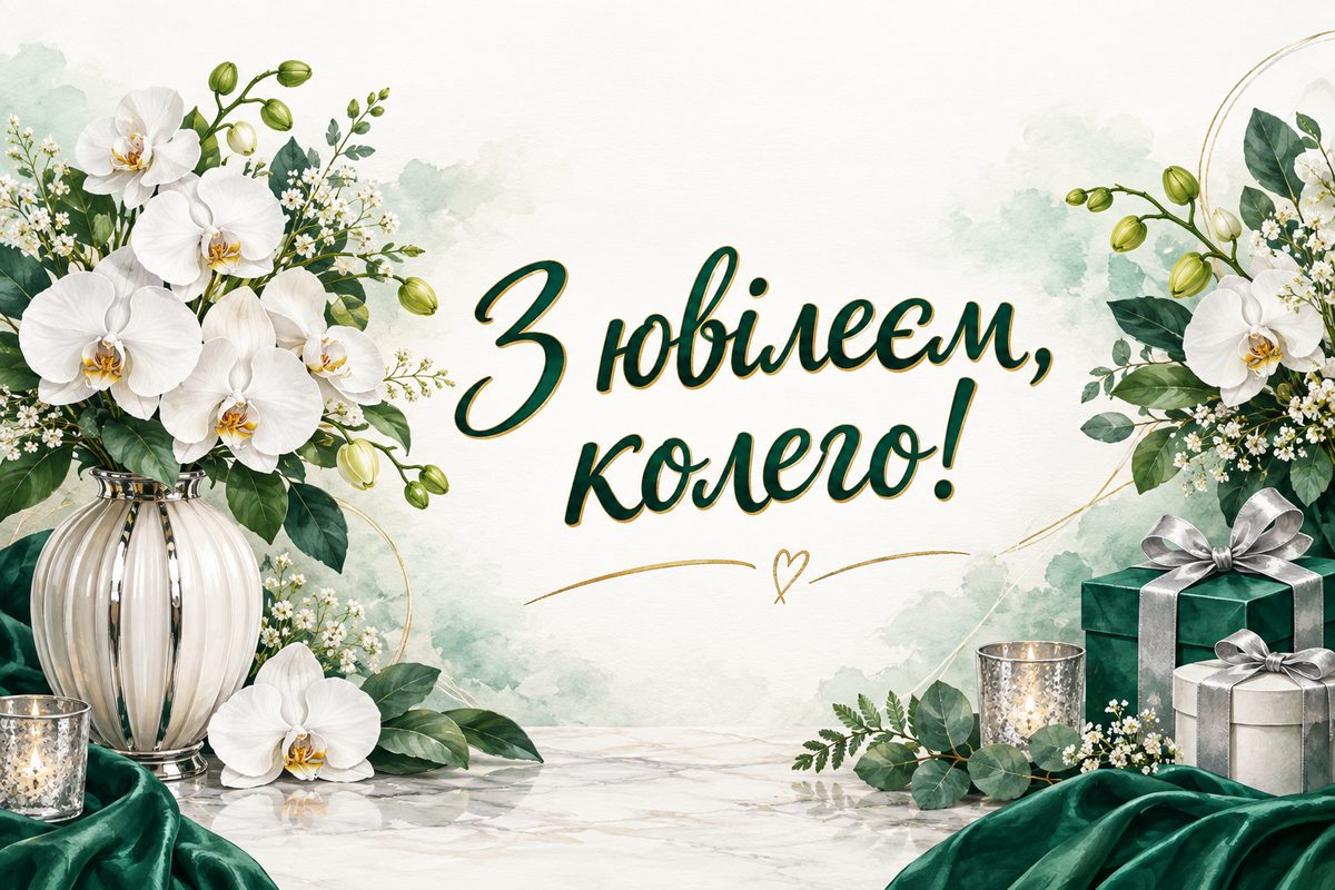 Листівка з ювілеєм жінці: білі орхідеї в сучасній вазі, напис «З ювілеєм, колего!»