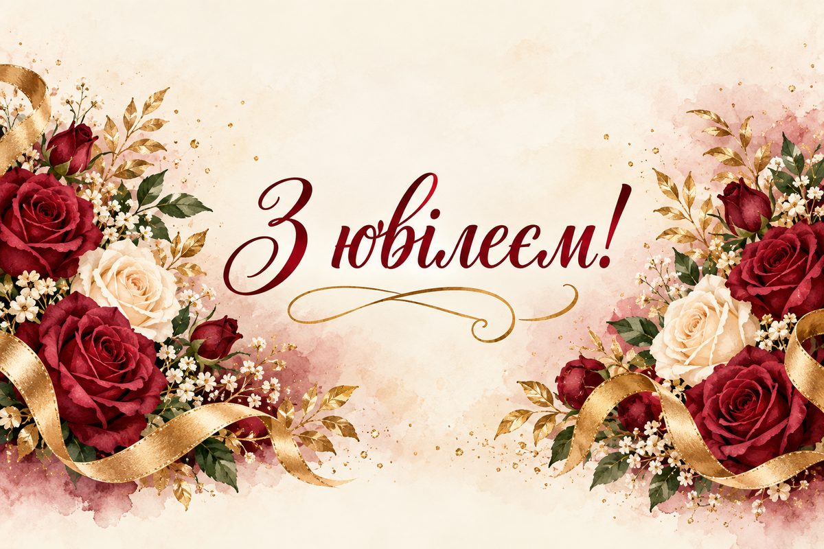 Листівка з ювілеєм жінці: пишний букет троянд із золотими стрічками, напис «З ювілеєм!»