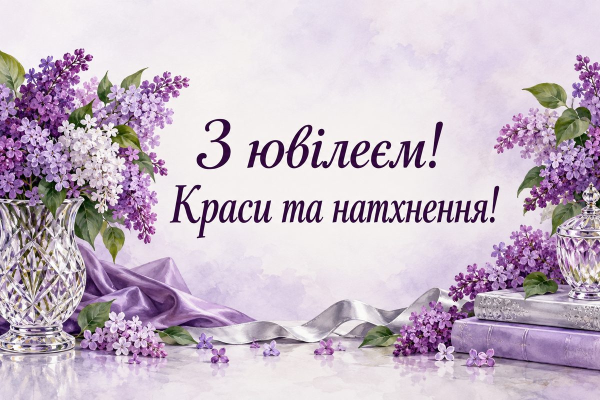 Листівка з ювілеєм жінці: гілки бузку в кришталевій вазі, напис «З ювілеєм! Краси та натхнення!»
