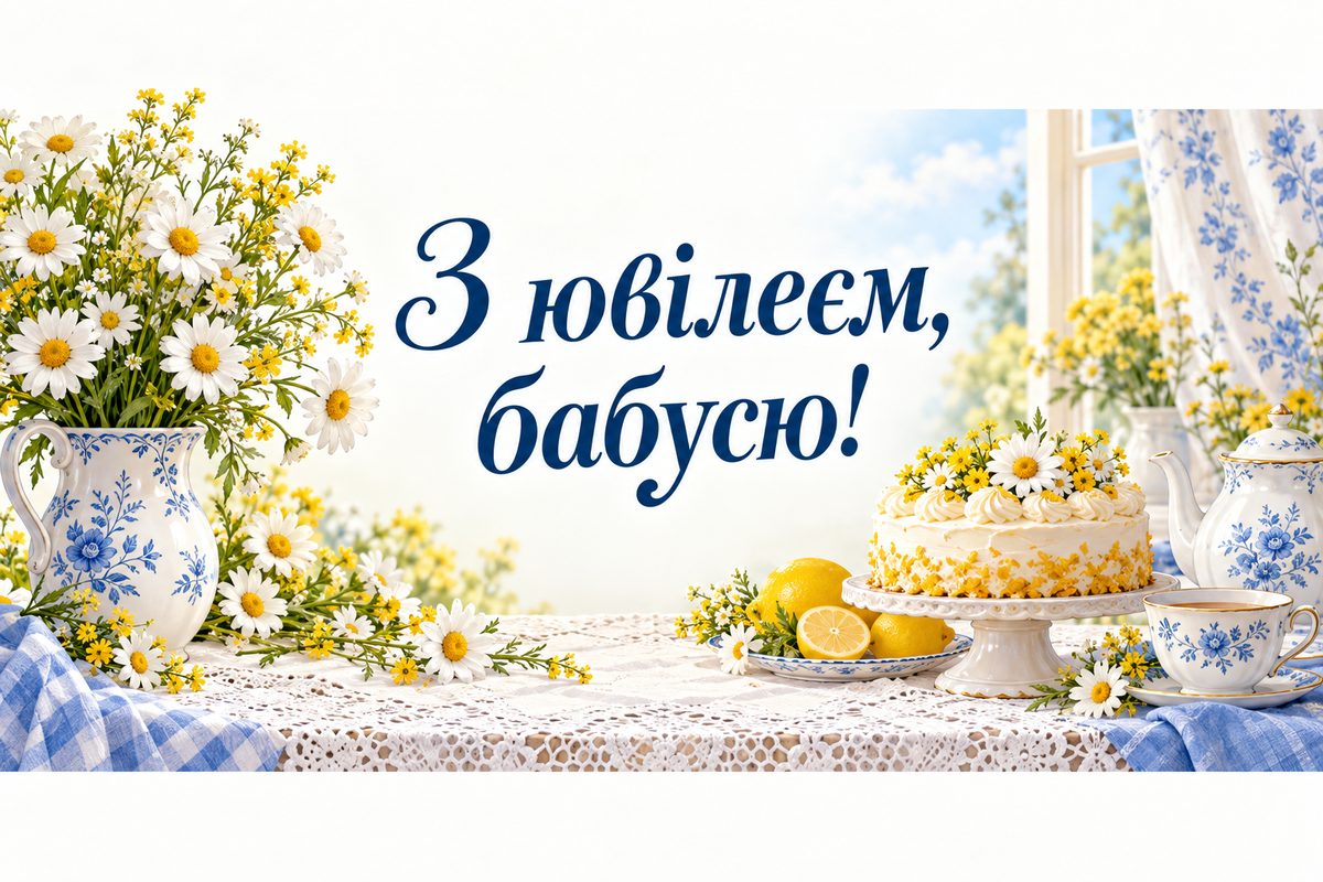 Листівка з ювілеєм жінці: чайник, торт і ромашки на мереживній скатертині, напис «З ювілеєм, бабусю!»
