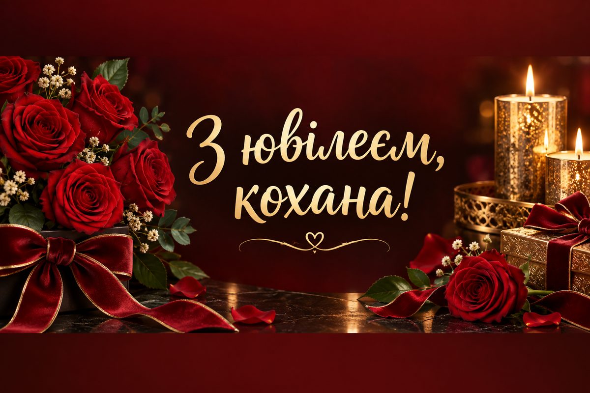 Листівка з ювілеєм жінці: червоні троянди з оксамитовою стрічкою й свічки, напис «З ювілеєм, кохана!»