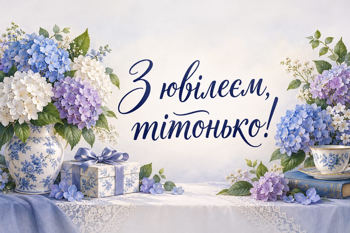 Листівка з ювілеєм жінці: гортензії в порцеляновій вазі, напис «З ювілеєм, тітонько!»