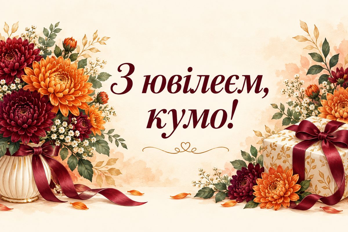Листівка з ювілеєм жінці: хризантеми й святкова коробка, напис «З ювілеєм, кумо!»