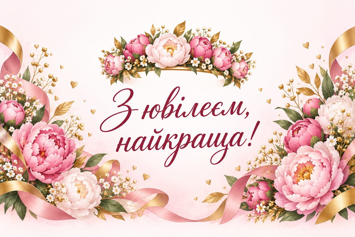 Листівка з ювілеєм жінці: корона з квітів над півоніями, напис «З ювілеєм, найкраща!»