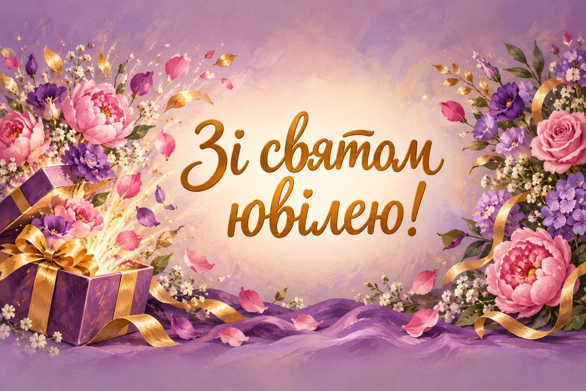 Листівка з ювілеєм жінці: квітковий феєрверк із подарункової коробки, напис «Зі святом ювілею!»