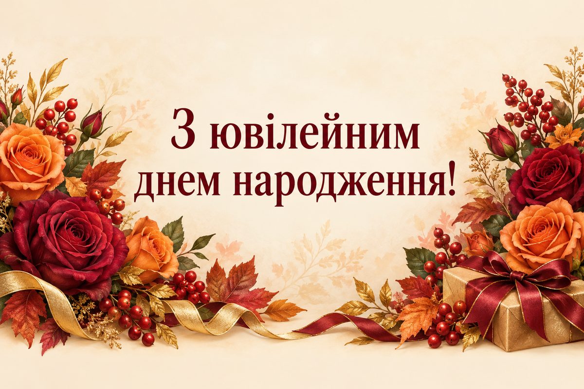 Листівка з ювілеєм жінці: букет осінніх троянд і ягід, напис «З ювілейним днем народження!»