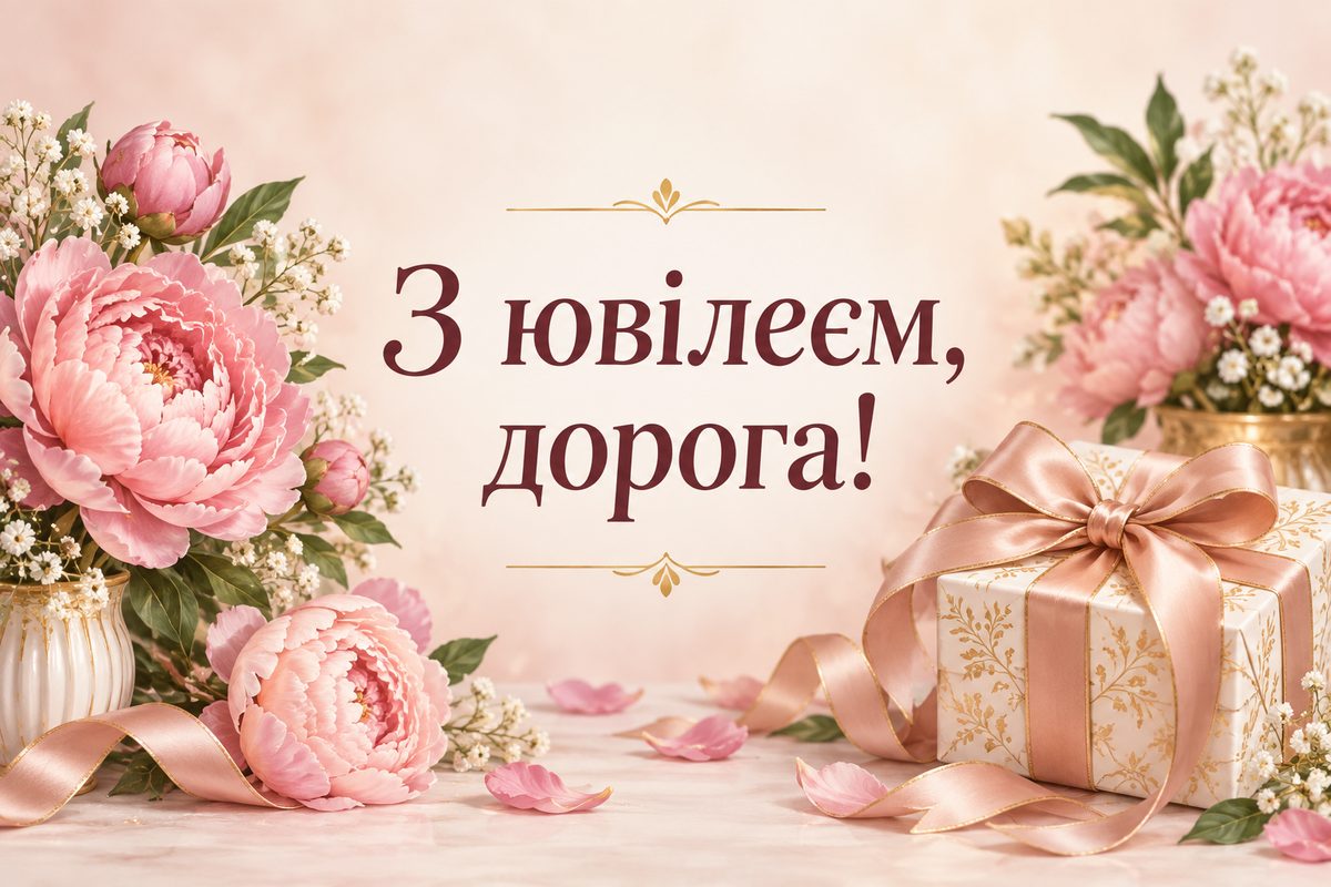 Листівка з ювілеєм жінці: рожеві півонії й подарунок з атласним бантом, напис «З ювілеєм, дорога!»