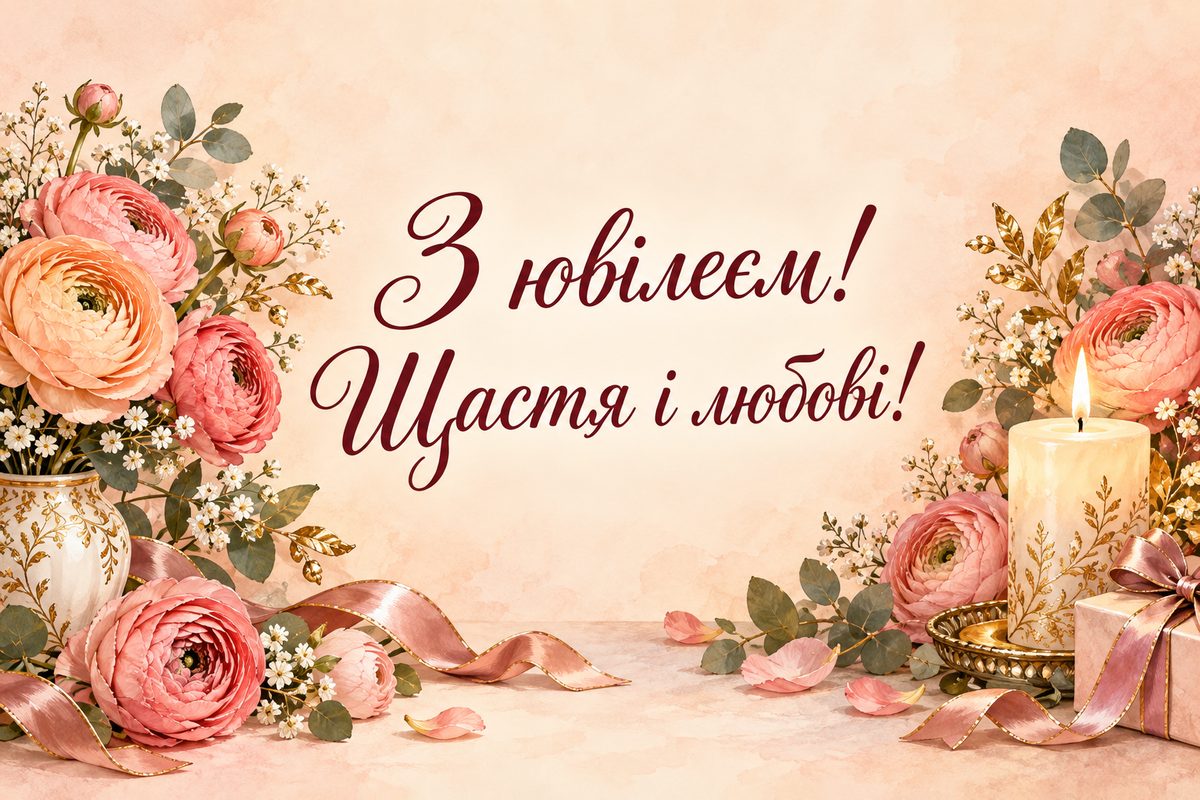 Листівка з ювілеєм жінці: ранункулюси й свічка, напис «З ювілеєм! Щастя і любові!»
