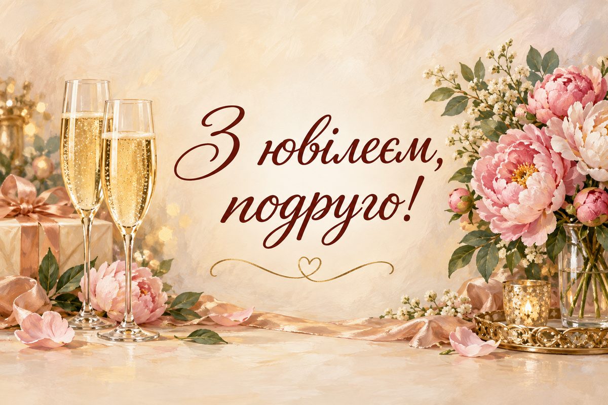 Листівка з ювілеєм жінці: два келихи шампанського й півонії, напис «З ювілеєм, подруго!»