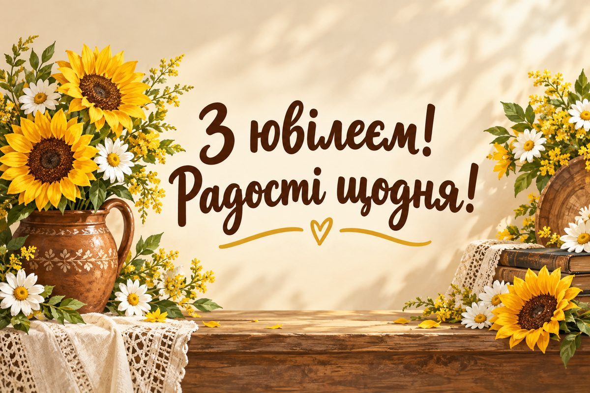 Листівка з ювілеєм жінці: соняшники й ромашки в глечику, напис «З ювілеєм! Радості щодня!»